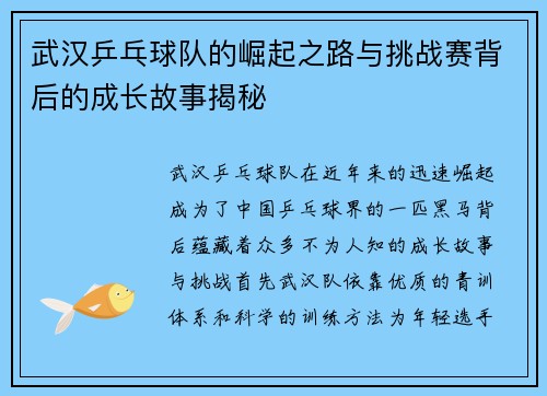 武汉乒乓球队的崛起之路与挑战赛背后的成长故事揭秘